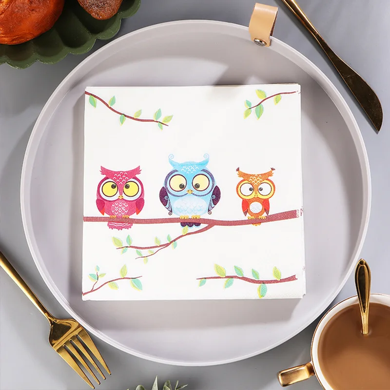 20Pcs 2Ply 33cm Cute Owl Napkins Colorful Cartoon Owls on Branch Disposable Paper Napkins for Party Decor