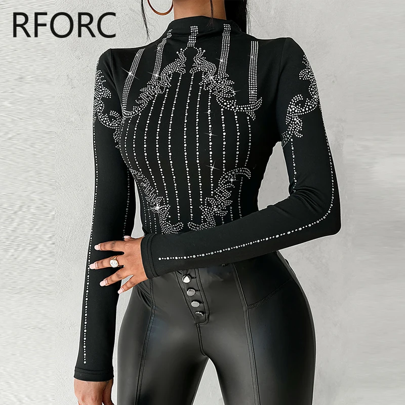 2024 Women Sexy Solid Long Sleeves Turtleneck Rhinestone Decor Basic Black Blouse Top