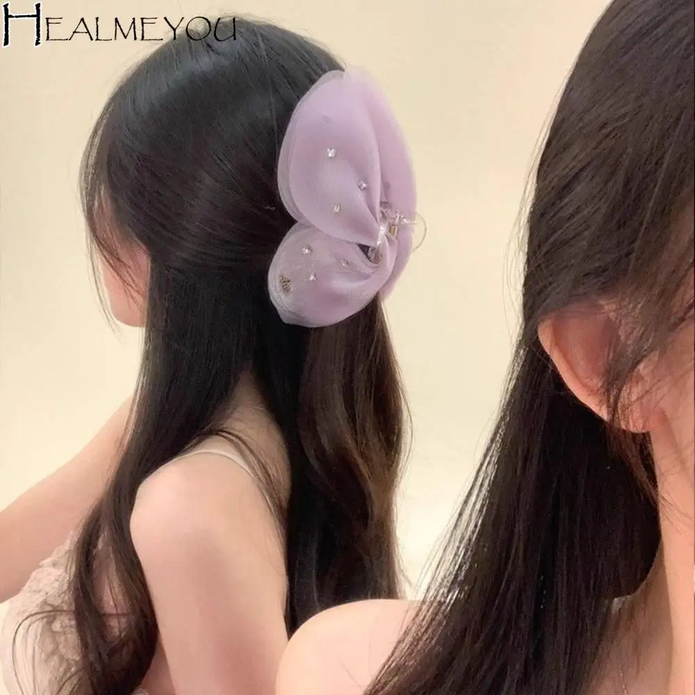 

Cloth Butterfly Petals Hair Claw Korean Style Sweet Rhinestone Mesh Shark Clip Hair Accessories Headwear Women Hairgrips Women
