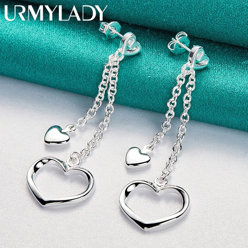 URMYLADY 925 Sterling Silver Hollow solidne kolczyki w kształcie serca kolczyk dla kobiet urok moda ślubna biżuteria zaręczynowa