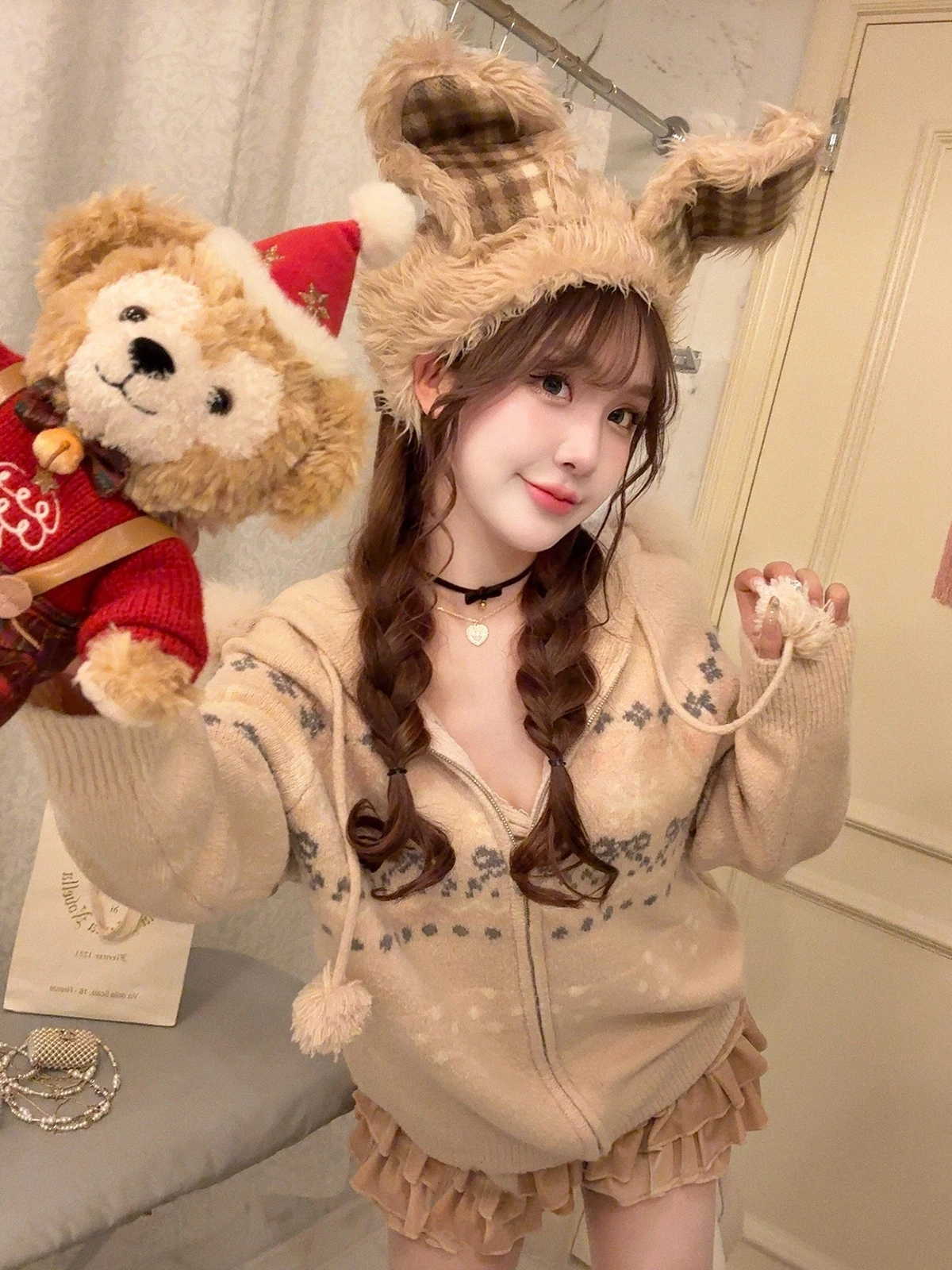 

Kimicoy Sweet And Spicy Girl's Woolen Knitted Hat Coat with Furry Balls Women's Cardigan Sle Knot Winter Outerwear