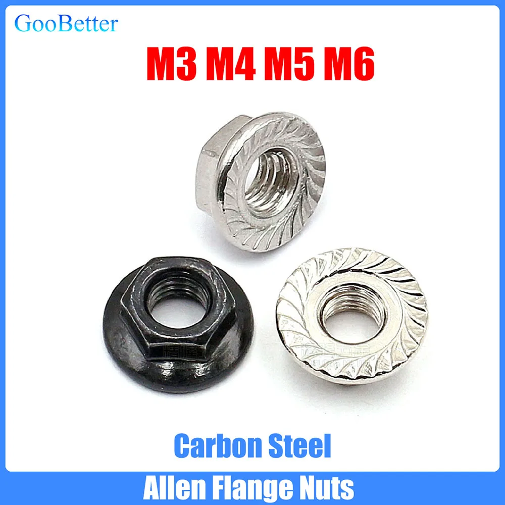 50Pcs/lot Allen Flange Nuts M3 M4 M5 M6 DIN6923 Carbon Steel Grade 4.8 Hexagon Flange Nut Serrated Spinlock Locking Nut