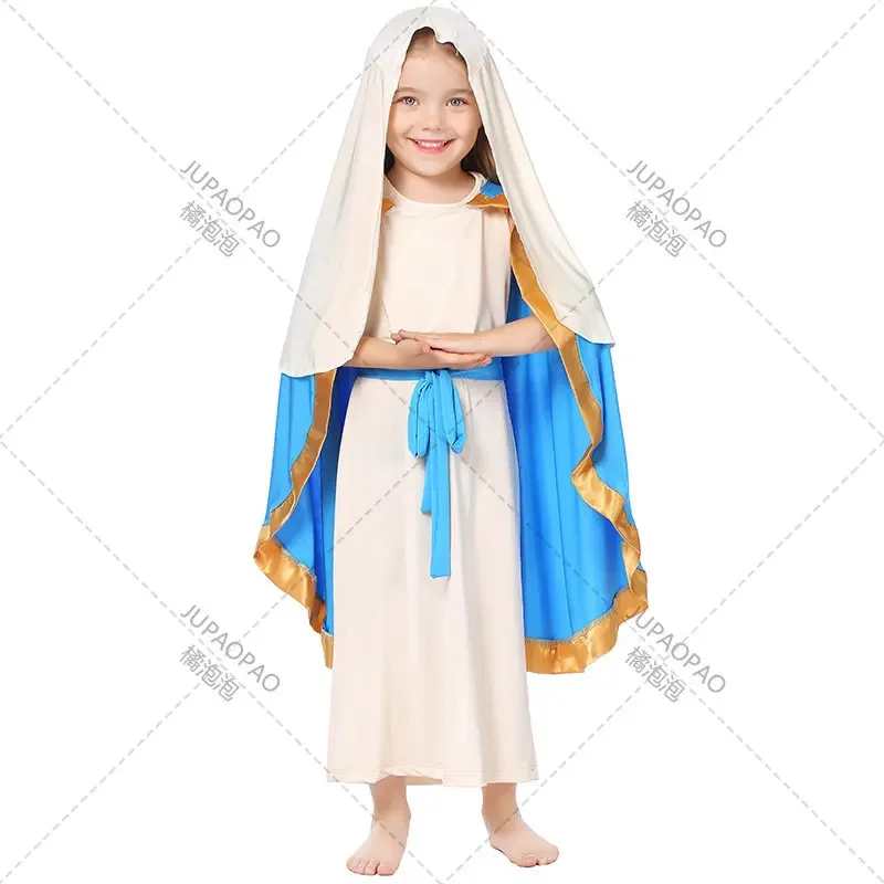 

Virgin Mary Costume Girls Child Biblical Robe Costumes Delicate Shepherd Costume Halloween Cosplay Dress for Kids Girls