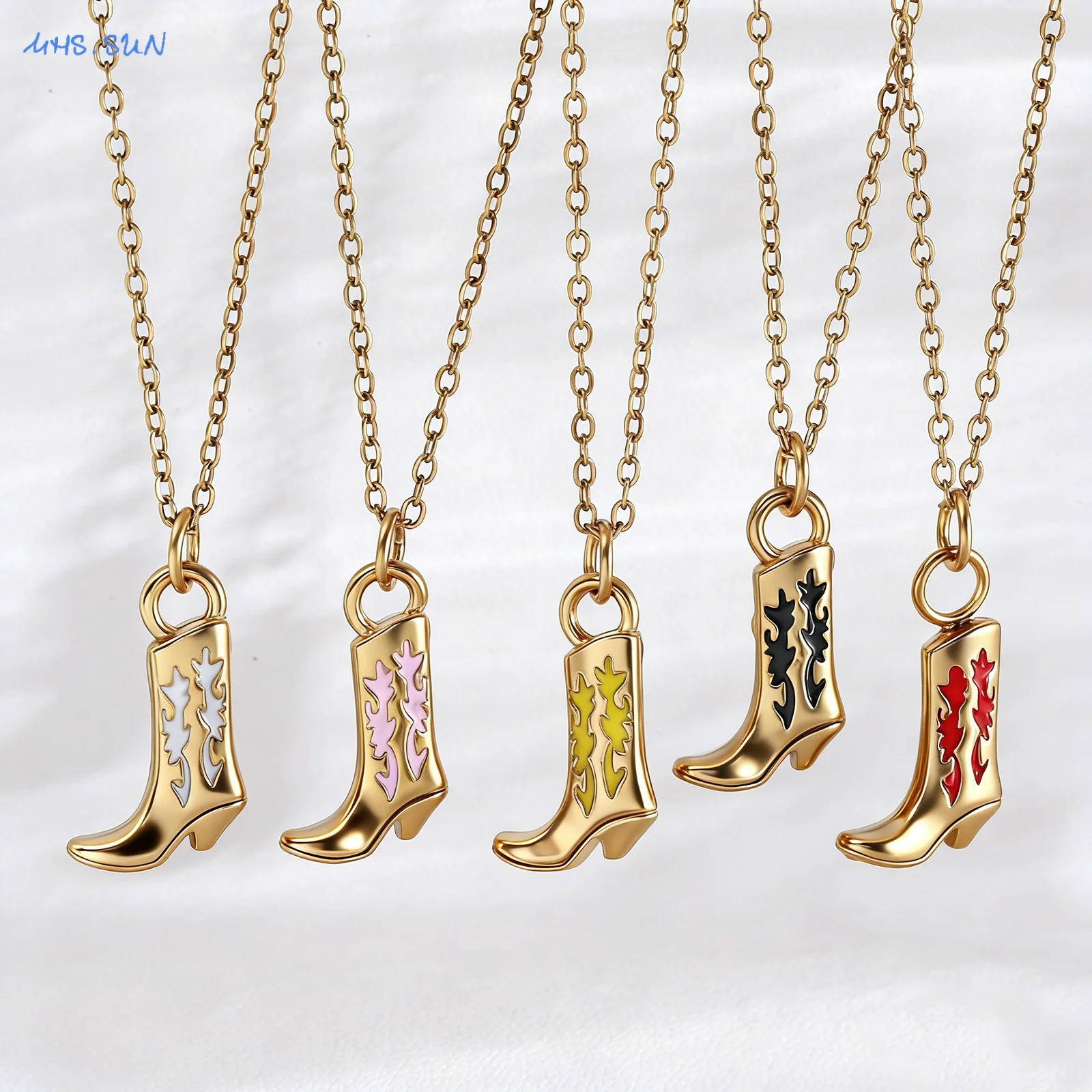 MHS.SUN Stainless Steel Colorful Oil Drip Cowboy Boot Pendant Necklaces For Women Men Western Gold Plated Chain Jewelry Gifts
