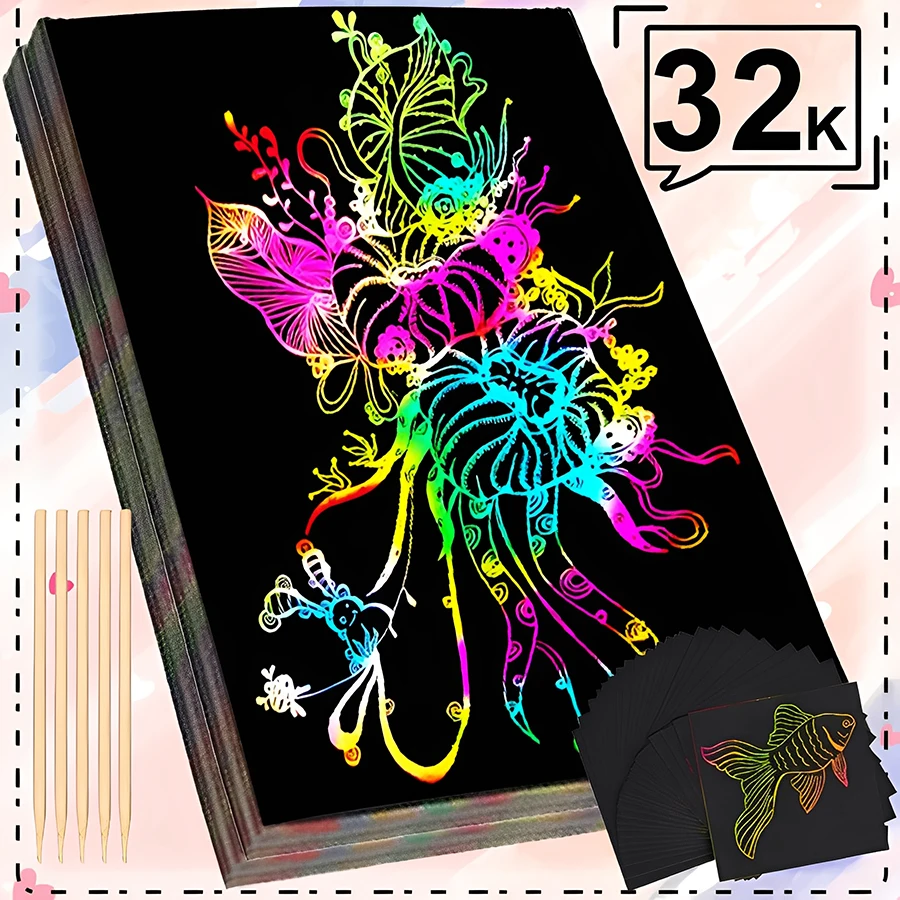 10/20/40pcs 32K Black Scratch Paper DIY Painting Scraping Paper with Bamboo Stick Colorful Drawing Paper Art Painting Kit