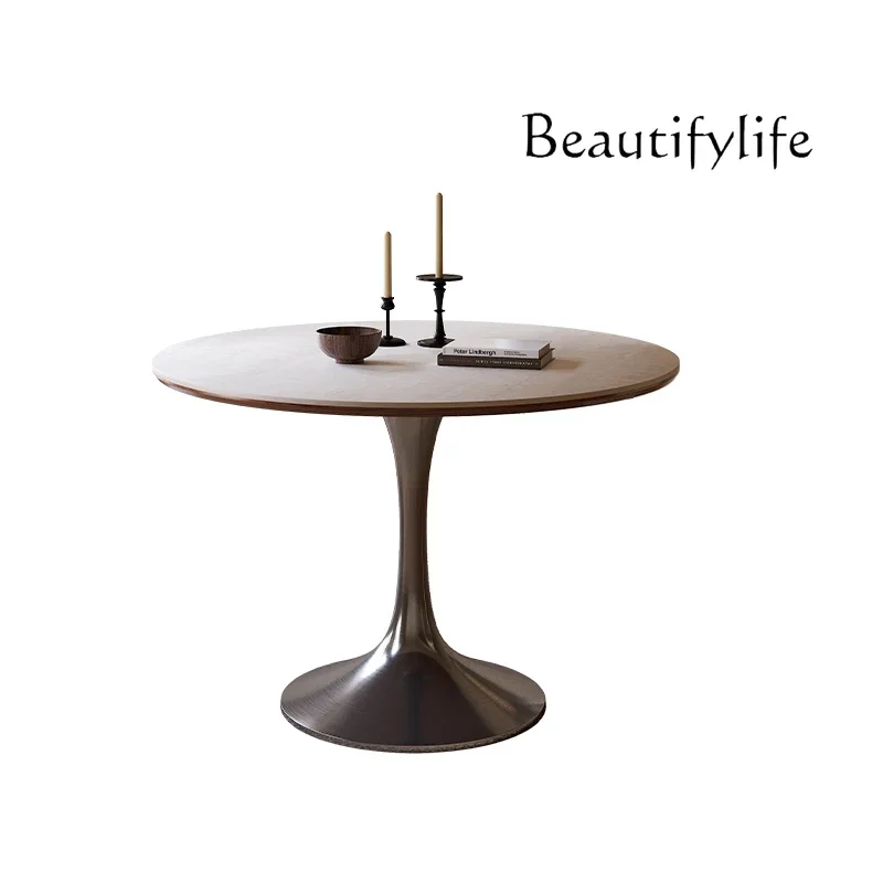 Retro rock slab small round table medieval household round dining table modern simple stainless steel negotiation table