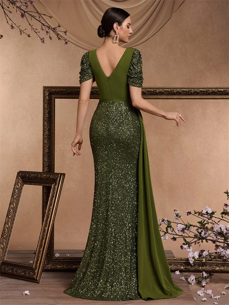 Lucyinlove Elegante scollo a V con giunture di paillettes Abito da sera da donna Maniche corte Sirena Formale di lusso Festa di nozze Prom Streamer Abito