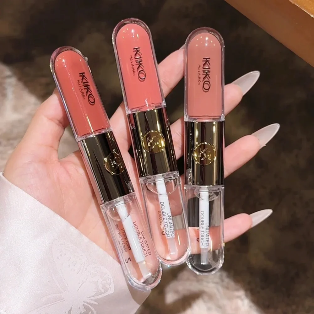 Hot KIKO Unlimited Double Touch Lip Gloss 16H Long Lasting Kiss Proof Non-Stick Waterproof Mirror Lips Nude Milk Tea Lip Makeup