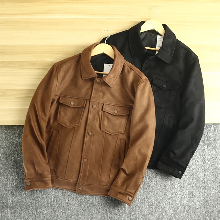 

Retro Suede Casual Workwear Sle American Collar Jaet Men's Spring New Heavyweight Youth Faion Long Sve Stand Fit