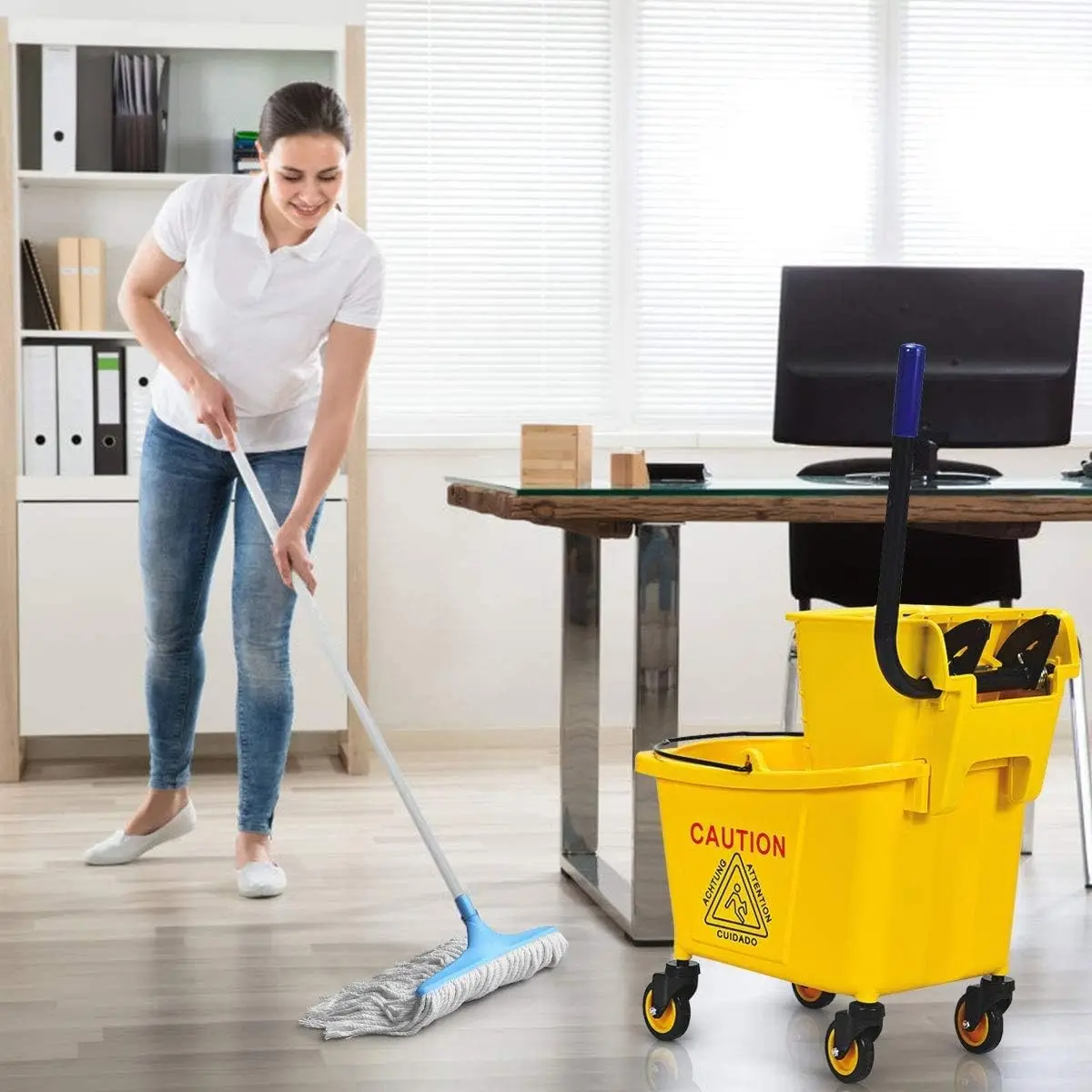 New Year Promotion 32-Liter Mopping Bucket, Commercial Mop Bucket, Side Press Cleaning Wringer, Portable Trolley on Wheels
