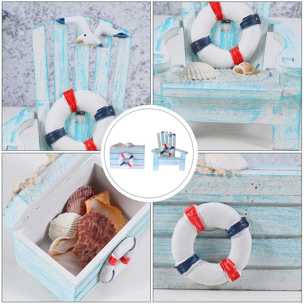 

2Pcs Miniature Beach Chair Ornament Wooden Treasure Chest Set Rustic Finish Mediterranean Desktop Decoration Summer Props