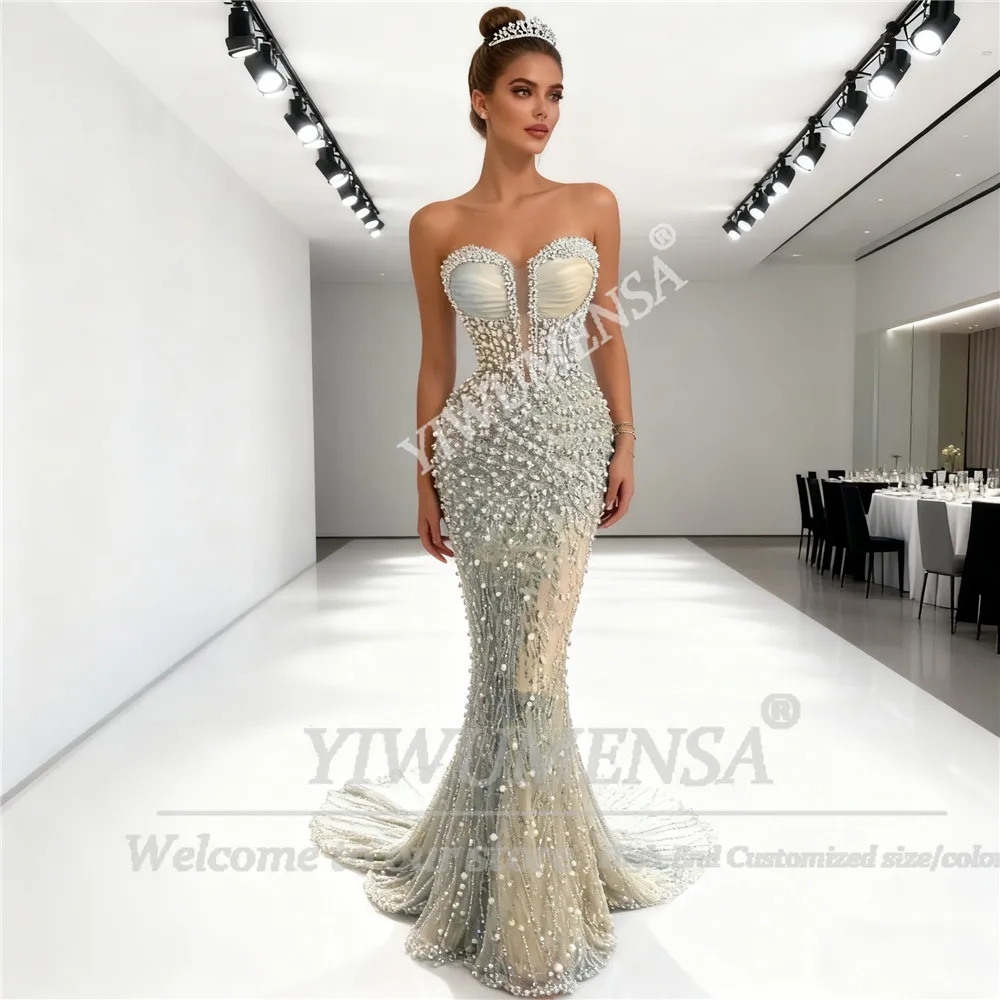 Luxury Shinny Pearls Sweetheart Evening Dresses 2025 Beaded Tulle Mermaid Prom Gowns Saudi Arabia Customized Robes De Soiree