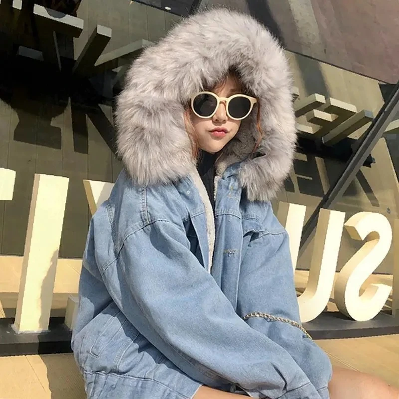 Lamb Wool Denim Jacket women\'s Outwear Autumn Winter New Korean Loose Hooded Plus Velvet Thicke Cotton-Padded Jacket Coat Tops