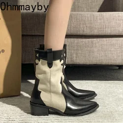 Vintage Women Western Cowgirl Boots Fashion Slip On Pointed Toe Shoes Autumn Winter Thick Heel Ladies Short Booties