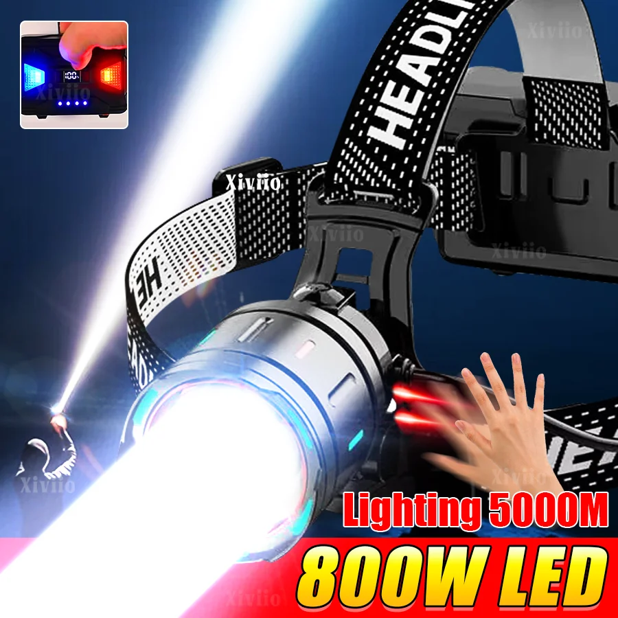 

Супермощный светодиодный налобный фонарь 800 Вт с ИК-датчиком, яркий свет, дальность 5 км, перезаряжаемый налобный фонарик для кемпинга и рыбалки