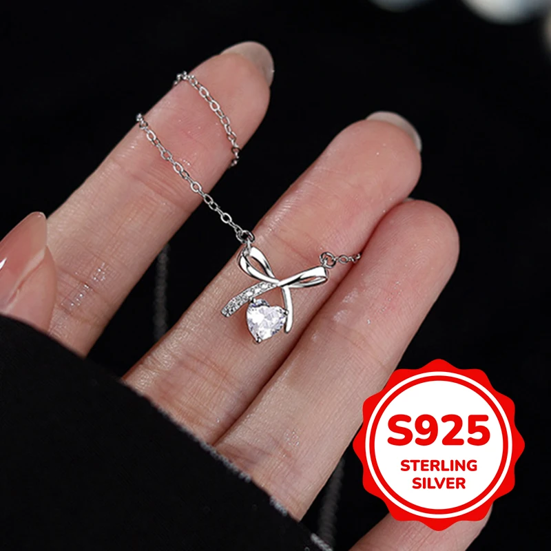 

s925 sterling silver kink bow heart necklace for women light luxury classic elegant fashion retro simple casual daily life