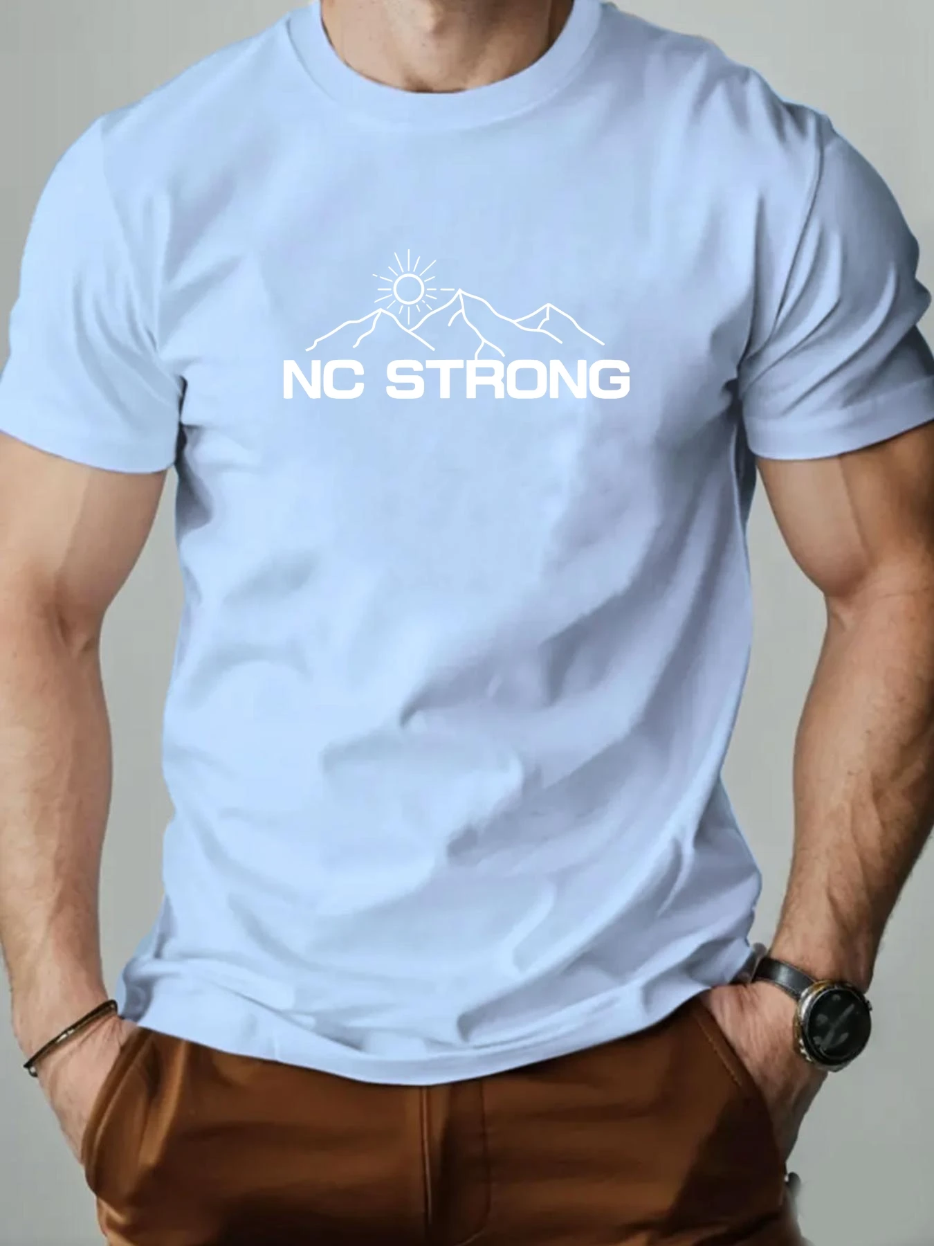 Men's T-shirt NC STRONG Mountain Sun Print Short Sleeve Top Casual Breathable Summer Tee for Men 2025