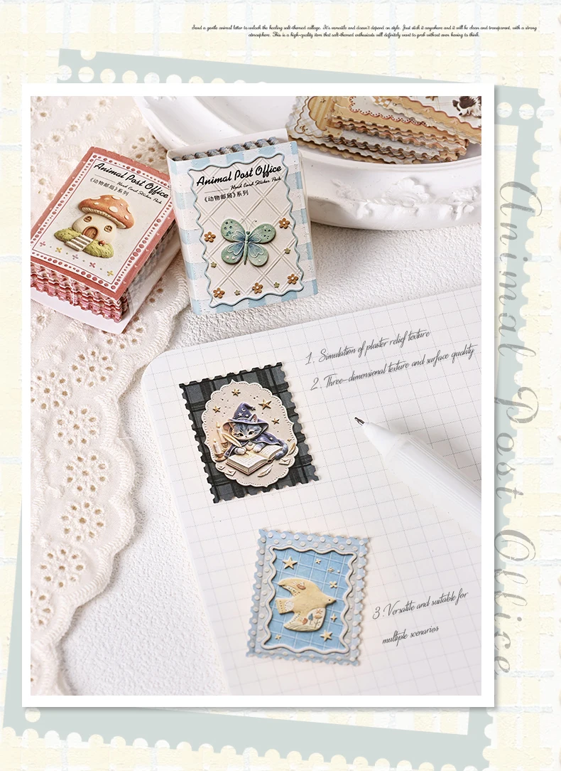 Journal GO, 50 Blatt, Mini-Stempel-Aufkleber auf stabiler Karte, Tier- und Postamt-Motive im Retro-Stil für Tagebücher, Planer, Scrapbooks und Bastelarbeiten. – Detail 11