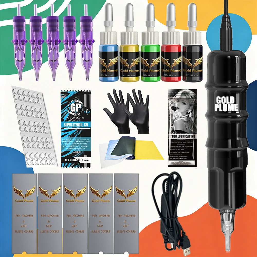Tattoo Gun Kit, Complete Tattoo Gun Set, Including 5 Tattoo Cartridge Needles and 5 Colors of Tattoo Ink, Suitable for Tattoo Beginners and Tattoo Artists