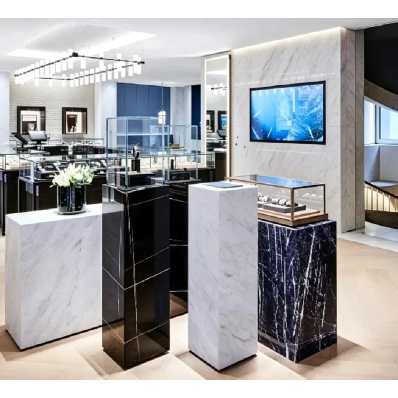 custom.Luxury Black & Marble Curved Jewelry & Watch Display Island, Premium Glass Showcase Luxury Retail
