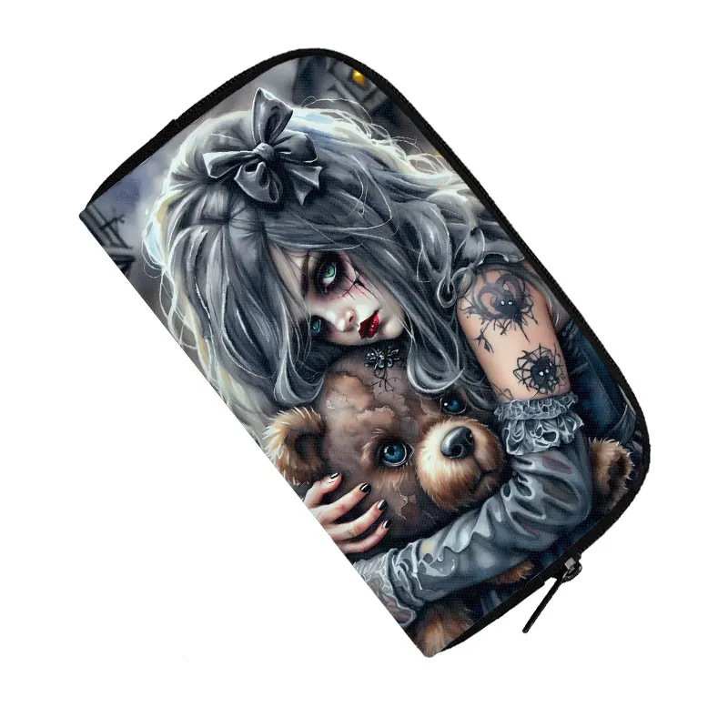 Cartoon Gothic Girl and Bear Doll Print Wallet Goth Girls Coin Money Bags Cute Key Credit Card Organizer Long Small Clutch Gift