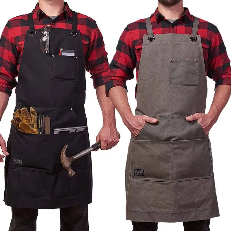 Waxed Canvas Work Apron with Pockets Adjustable Gardening Apron Heavy Duty Woodworking Apron Tool Holder for Carpenter Men Women