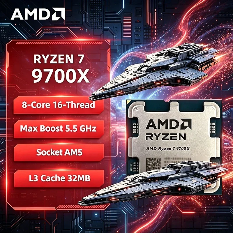 AMD Ryzen 7 9700X Processor 8-Core 16-Thread 3.8GHz Base 5.5GHz Max Boost AM5 Socket 32MB L3 Cache 4nm Zen 5 Desktop CPU