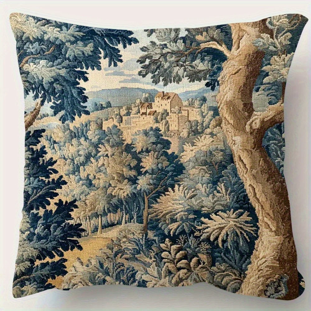 Mittelalterliche Burg-Wald-Tapisserie Kissenbezug Vintage Europäische Landschaftskunst Dekorativer Kissenbezug für Schlafzimmer Heimdekoration