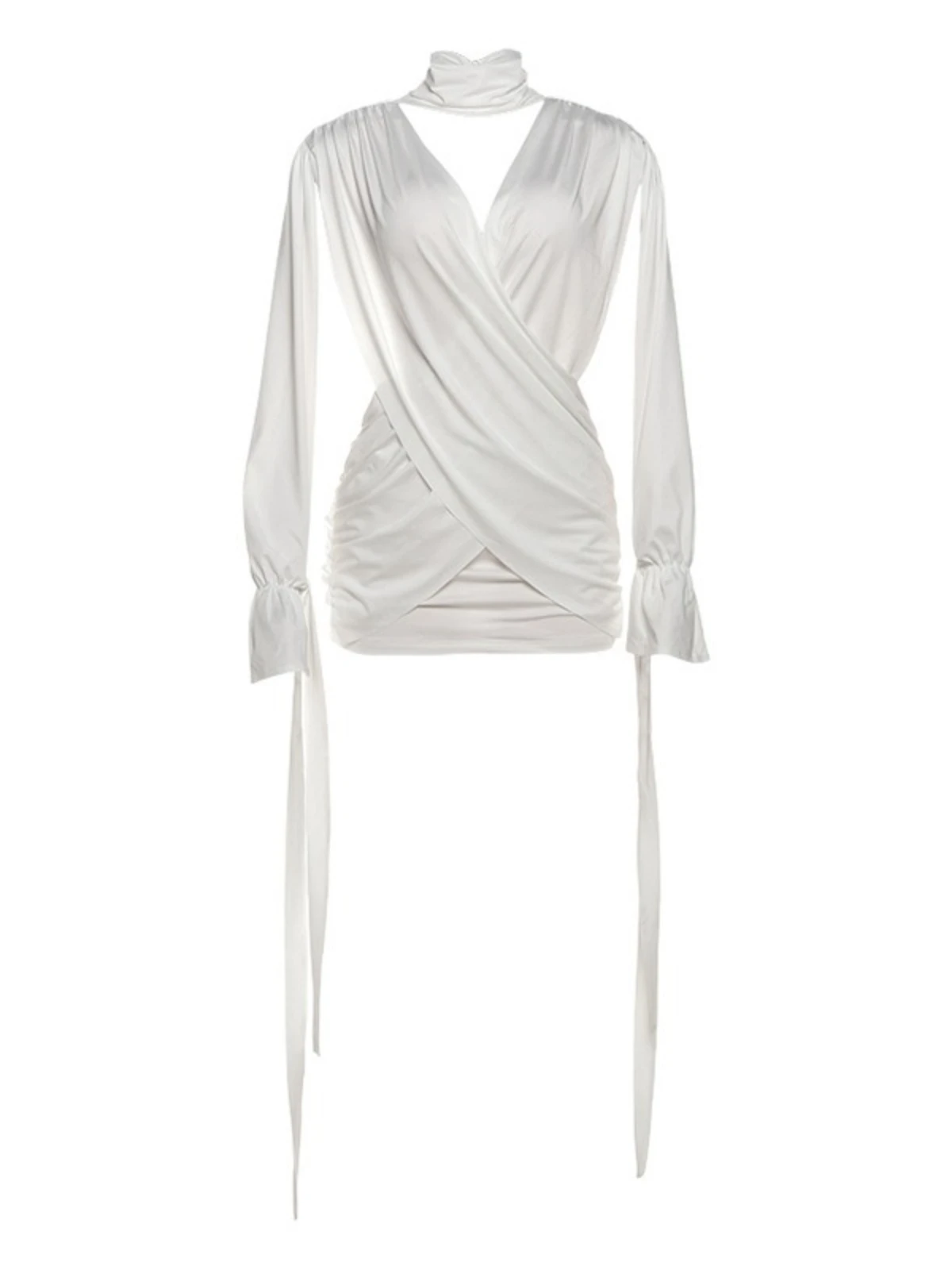 SsTss 2025 outono inverno manga longa bodycon mini vestido para mulheres cor sólida decote em v profundo corte cintura drapeado vestido de festa sexy