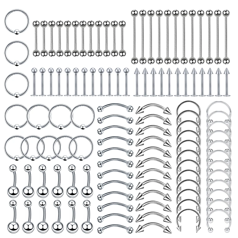 60/120/150PC Surgical Steel Body Piercing Jewelry Lot Bulk Nose Ring Tongue Bar Lot Eyebrow Labret Piercing Set Horseshoe Ring