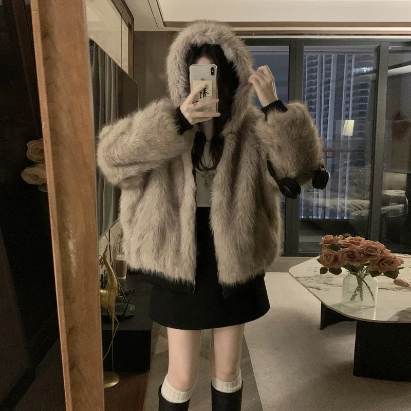 

Two-Sided Wear Imitation Mink Velvet Fur Hooded Cotton Padded Jacket Fashion New Winter Jackets Women's Short Loose Coats Trend