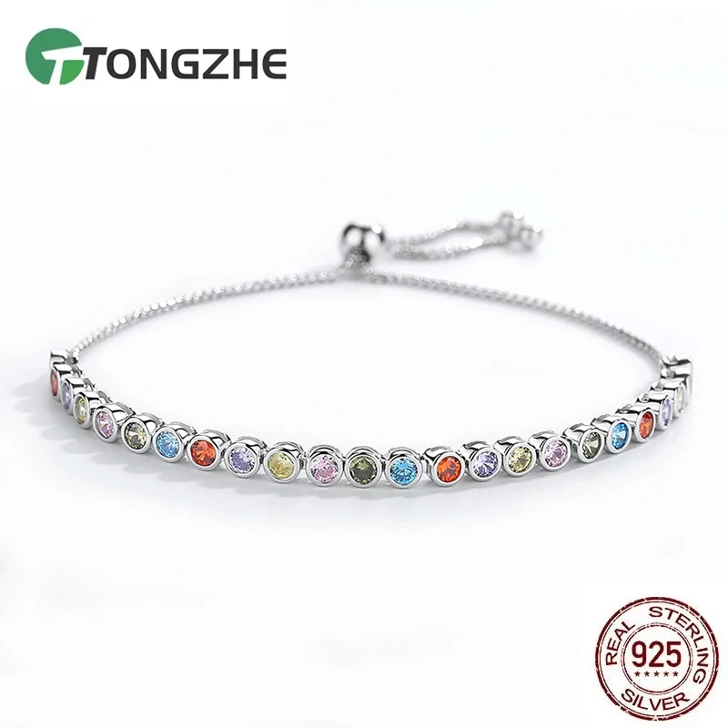 TONGZHE Famous Brand Bracelets For Women 925 Sterling Silver Bracelet Rainbow Colorful CZ Original Tennis Beads Men Jewelry