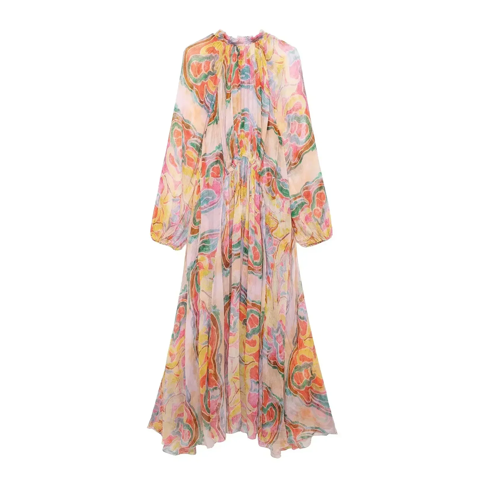 Summer Tulle Printed Pleat Long Dresses For Women 2025 Loose Lantern Sleeve Party Dresses Holiday Dress Elegant Vestidos