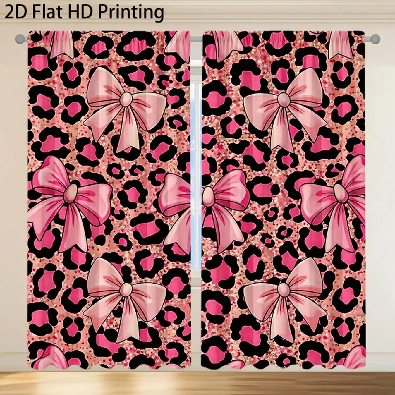 2D Flat Curtains With Pink Bow And Leopard Print Design | Sweet, And Stylish, Perfect For ' Parties And Birthday Celebrations
