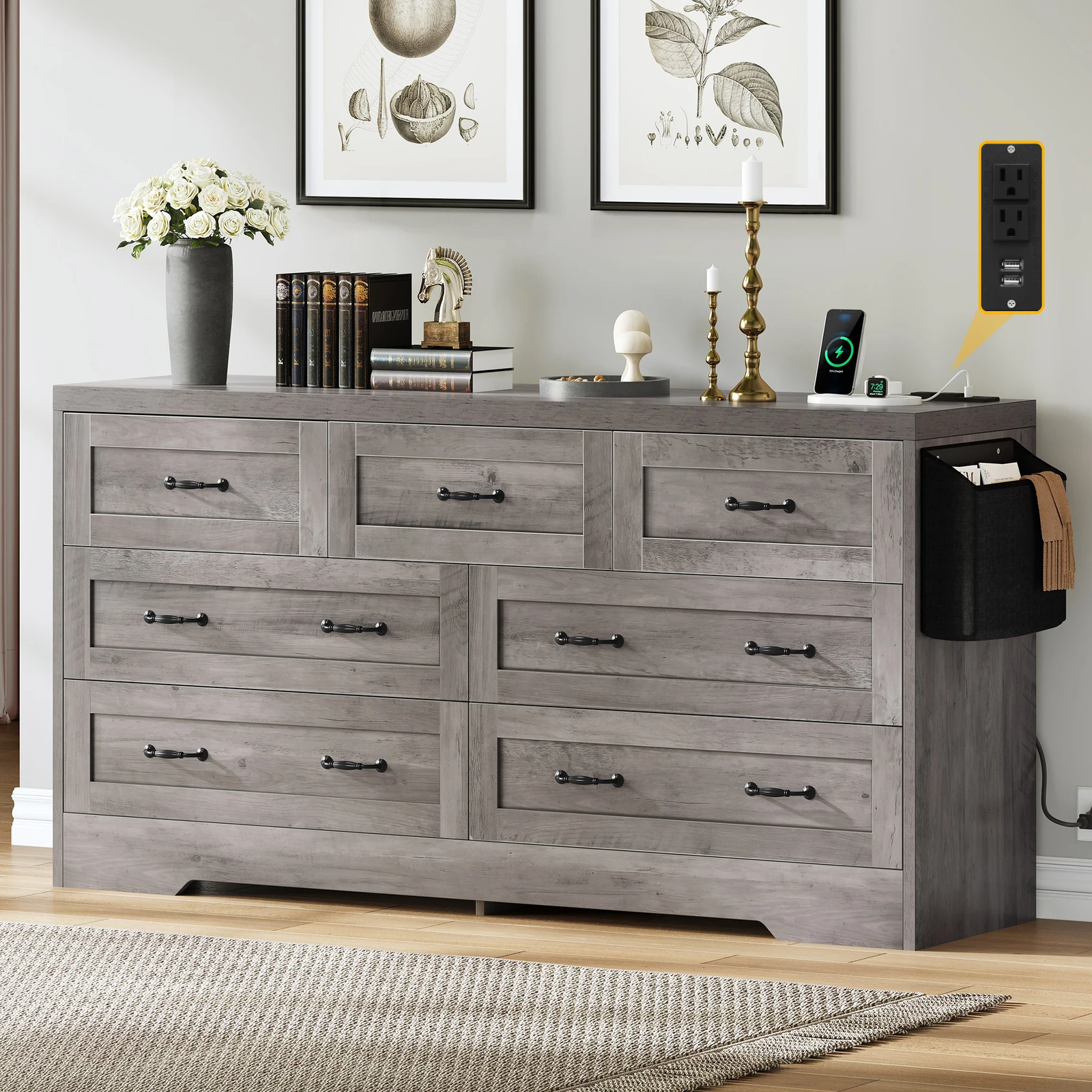 

TV Stand Chest of Drawers w/ Side Organizer Bag and Charging Station for Parlor