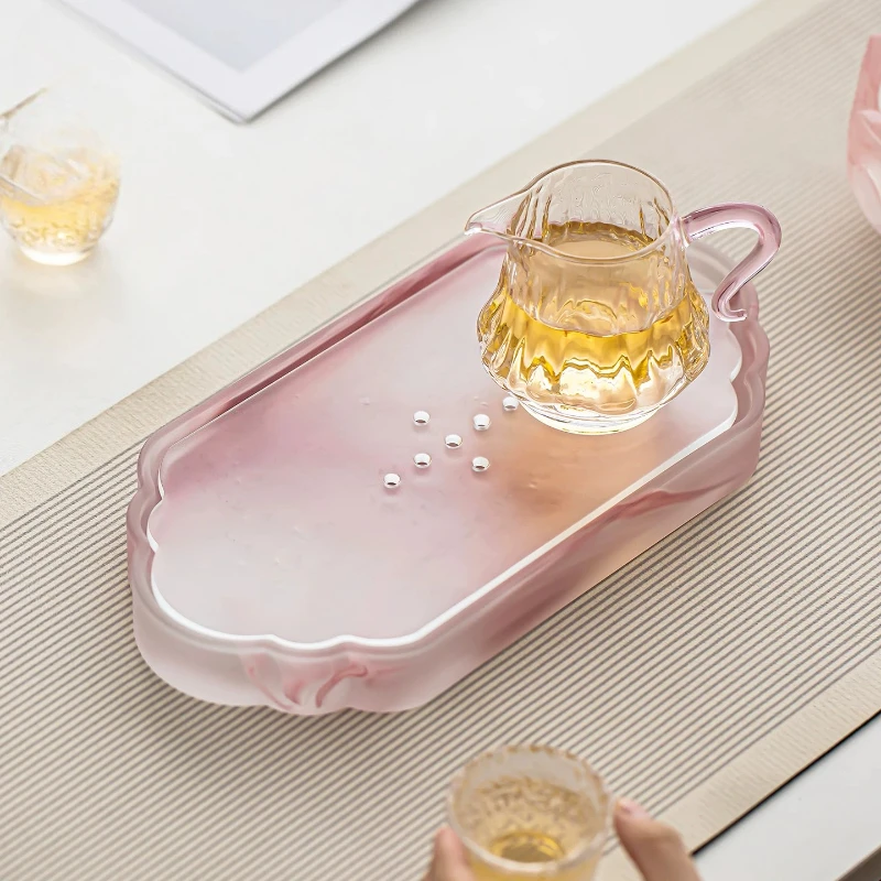 High-end Pink Glazed Glass Tea Tray Dry Brewing Water Storage Dish Chinese Style Table Accessories Elegant Home Tea Plates