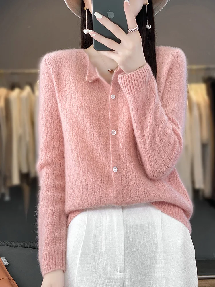 2024 Spring New Women\'s Cardigan O-neck Hollow Out Long Sleeve Sweater 100% Merino Wool Knitwear Female Grace Basic Clothing Top