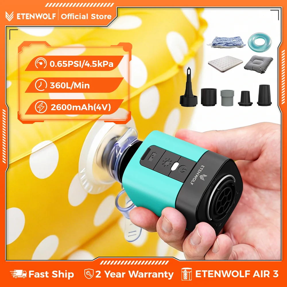 ETENWOLF AIR 3 Cordless Electric Air Pump Camping Light 2600mAh Small Inflator & Deflator for Pool Floats Beds Mats Vacuum Bag