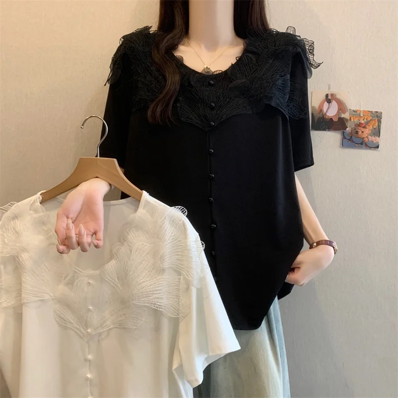 

Plus Size Summer New Loose Chic French Style 3D Floral Design Chiffon Blouse