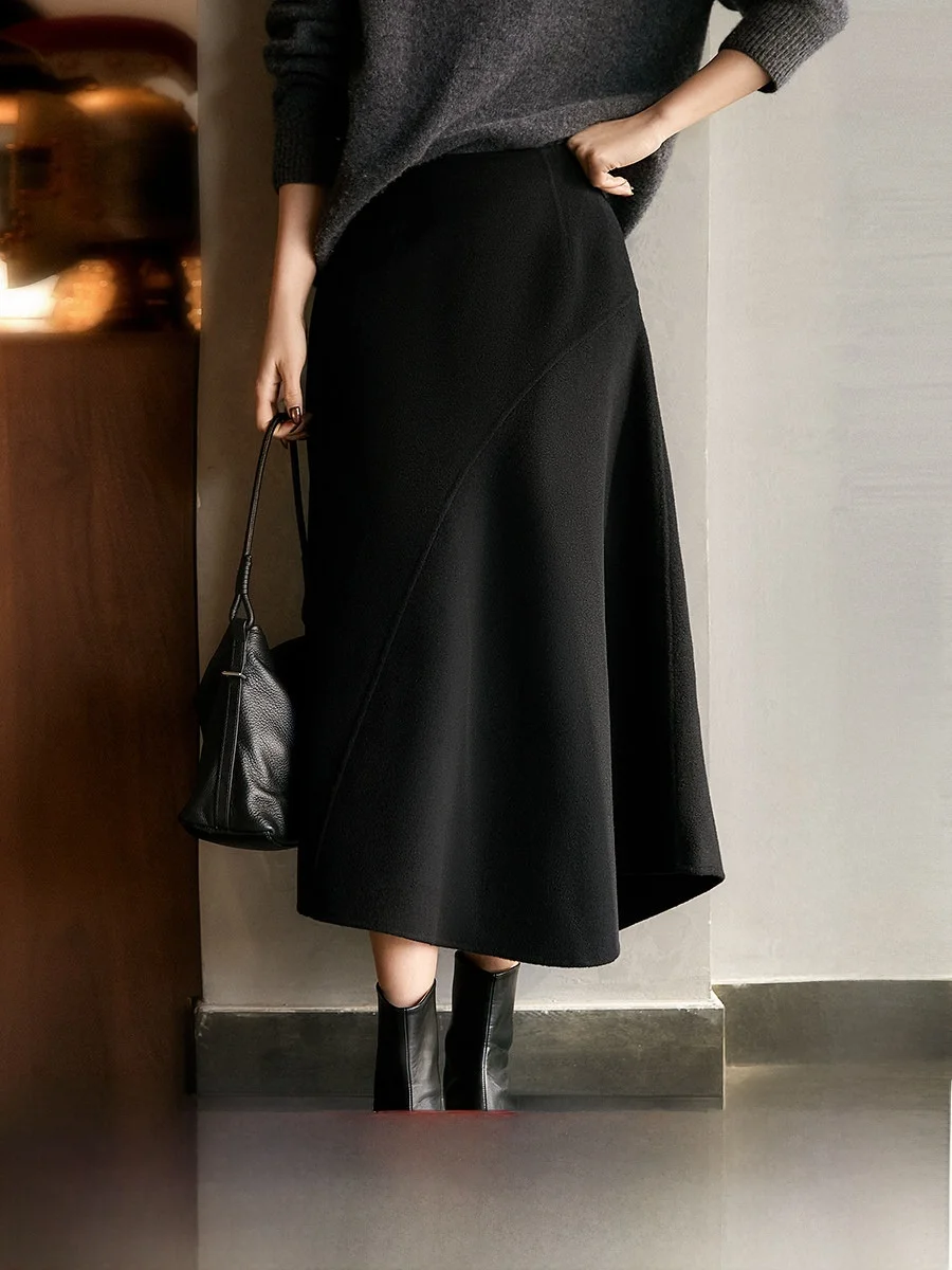 

Double-Faced Wool Silk Velvet Skirt by Xhange mid Waist A-Line Commute Sle Winter Walking Poem Silk Wool Drapey Skirt
