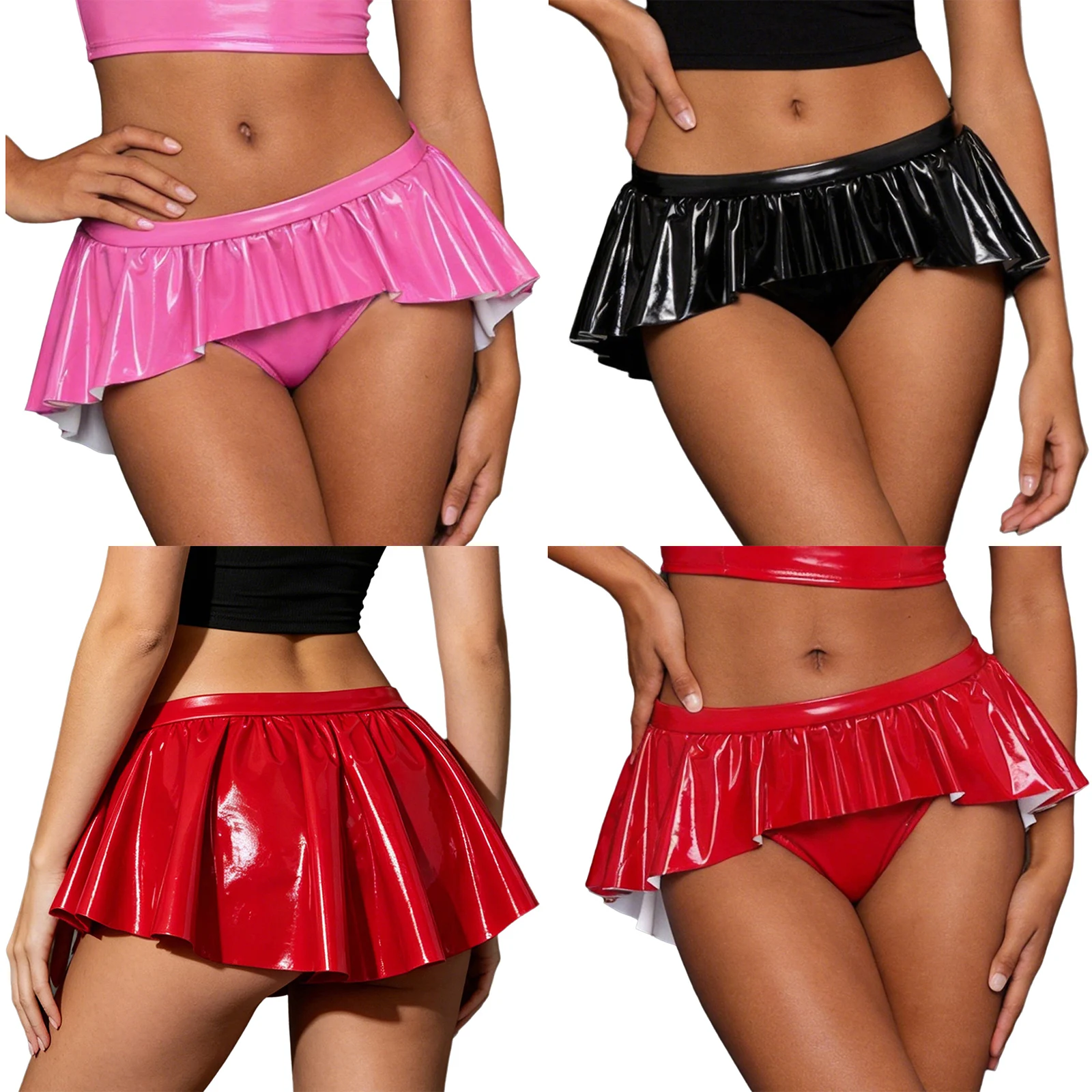 Womens Wet Look PU Leather Micro Panties Low Rise Irregular Ruffled Skirted Panties for Gogo Dancing Burlesque Stage Performance