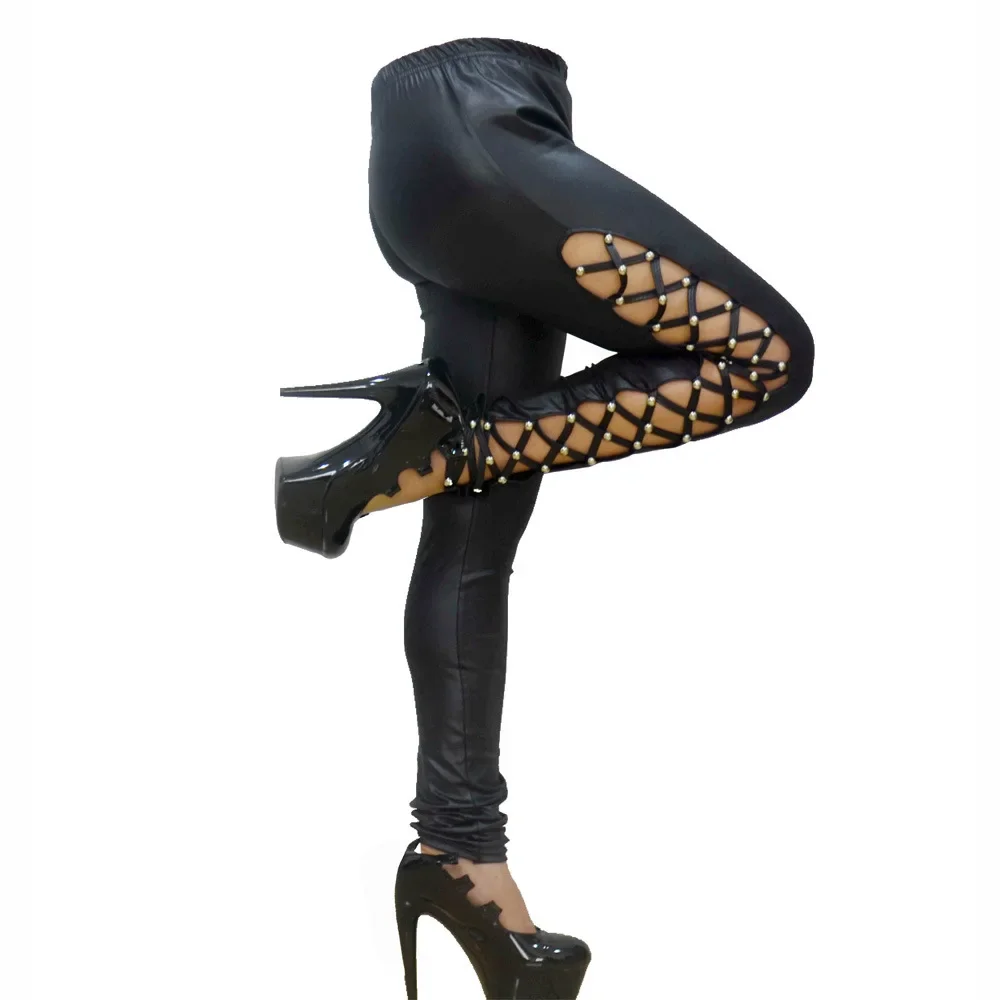 Women PU Leather Skinny Slim Trouser Gothic Punk Leggings Fishnet Trim Lace Pant Faux PU Leather Pencil Pants Club Clothing