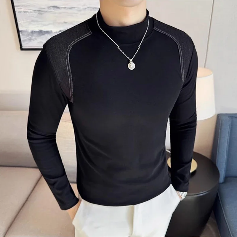 Autumn Stretch Cotton Mens Long Sleeve T-Shirt Fashion Patchwork Slim Fit Men Tee Tops Fitness GYM Sports Tight Men's Clothing