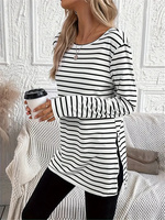 Stripe print crew neck t-shirt casual long sleeve slit t-shirt spring and autumn women's wear