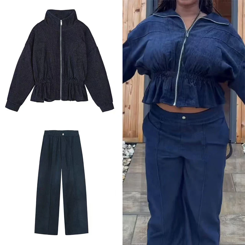 Guobioziy 2026 Women Casual Two Piece Set Ruffle Trim Zip Up Track Jacket Straight Leg Pants Cozy Autumn Winter Street Style New