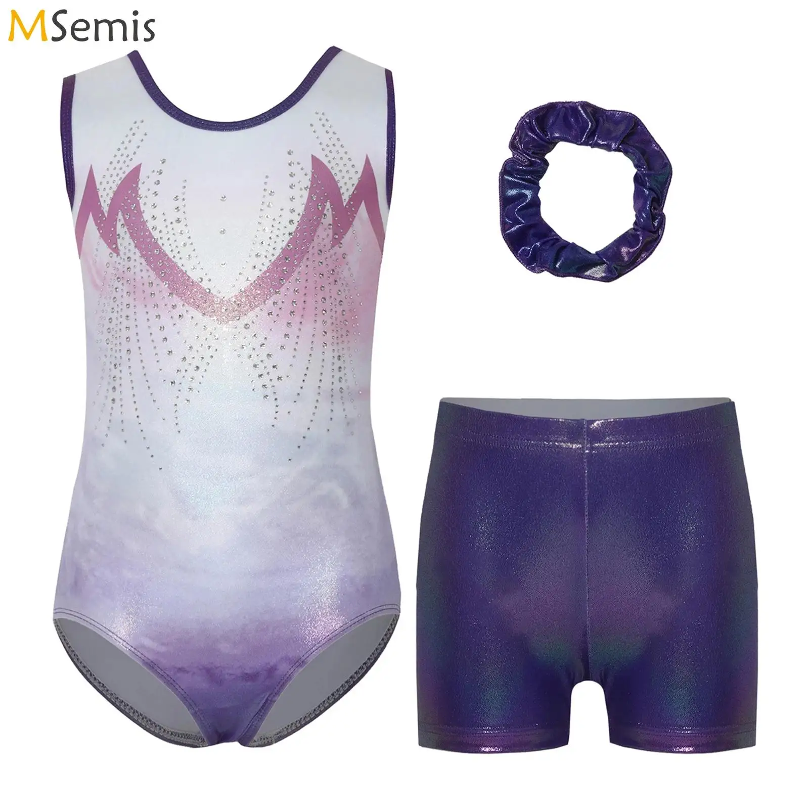 

Kids Girls Shiny Rhinestone Gymnastics Ballet Dance Outfit Performance Costume Printed Metallic Leotard with Shots And Hairband