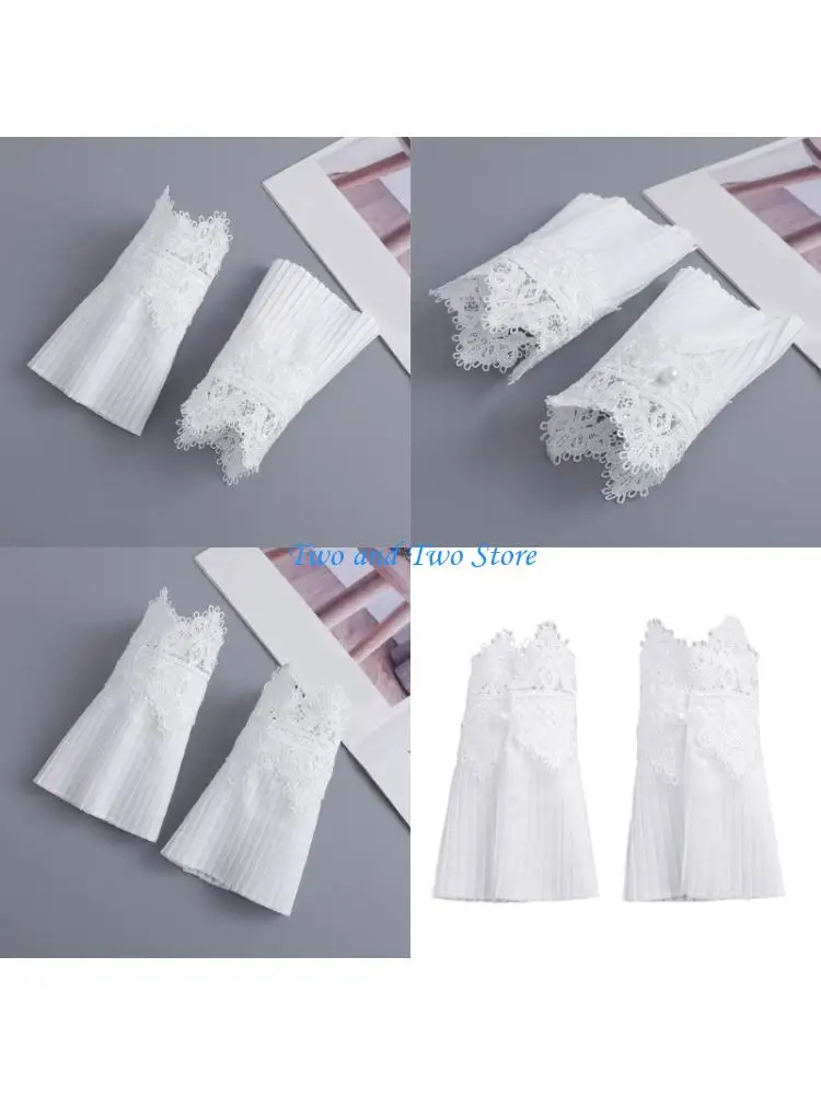 HX6F Lace Trim Pleated Arm Sleeves Embroidery Flower Design Wrist Cuffs Extension