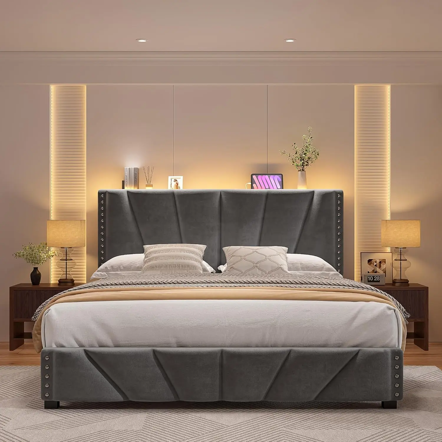 Bedroom velvet bed frame ambient light removable ribs strip bedside charging port sofa bed