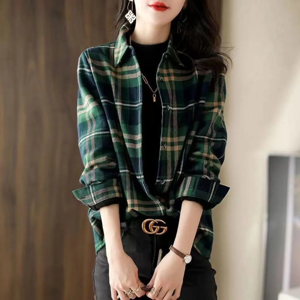 

Women's Plaid Shirt Spring Autumn Fashionable Retro Loose Long-Sleeved Top Coat Stacked Style for Casual Wear