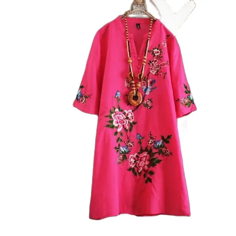 2025 봄 여름 미디 기장 원피스 여성 신상 루즈핏 레저 자수 셔츠 스커트 단색 블루 아우터